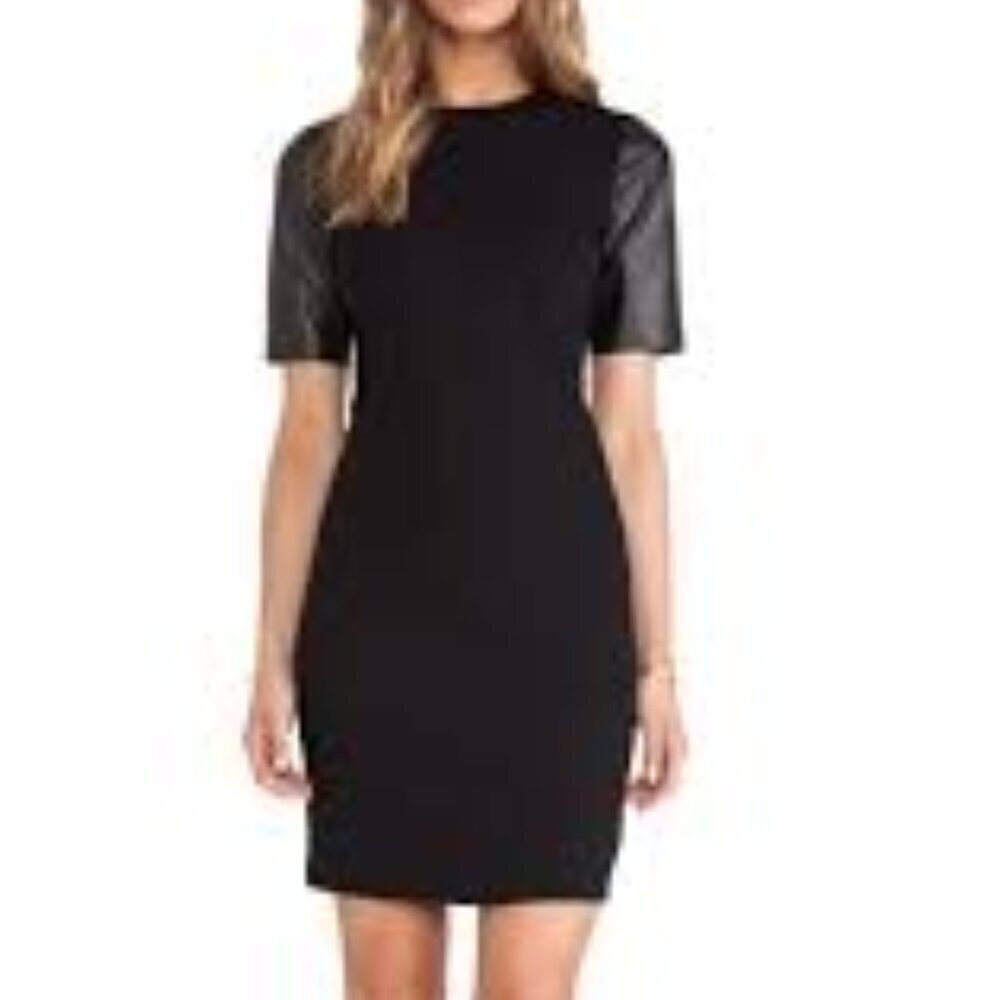 Vince black shift dress leather short sleeve knit stretch sheath knee length 4